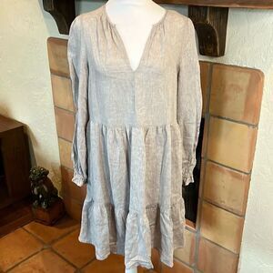 Cynthia Rowley Heathered Tan/White V-Neck Tiered Linen/Viscose Babydoll Dress, S